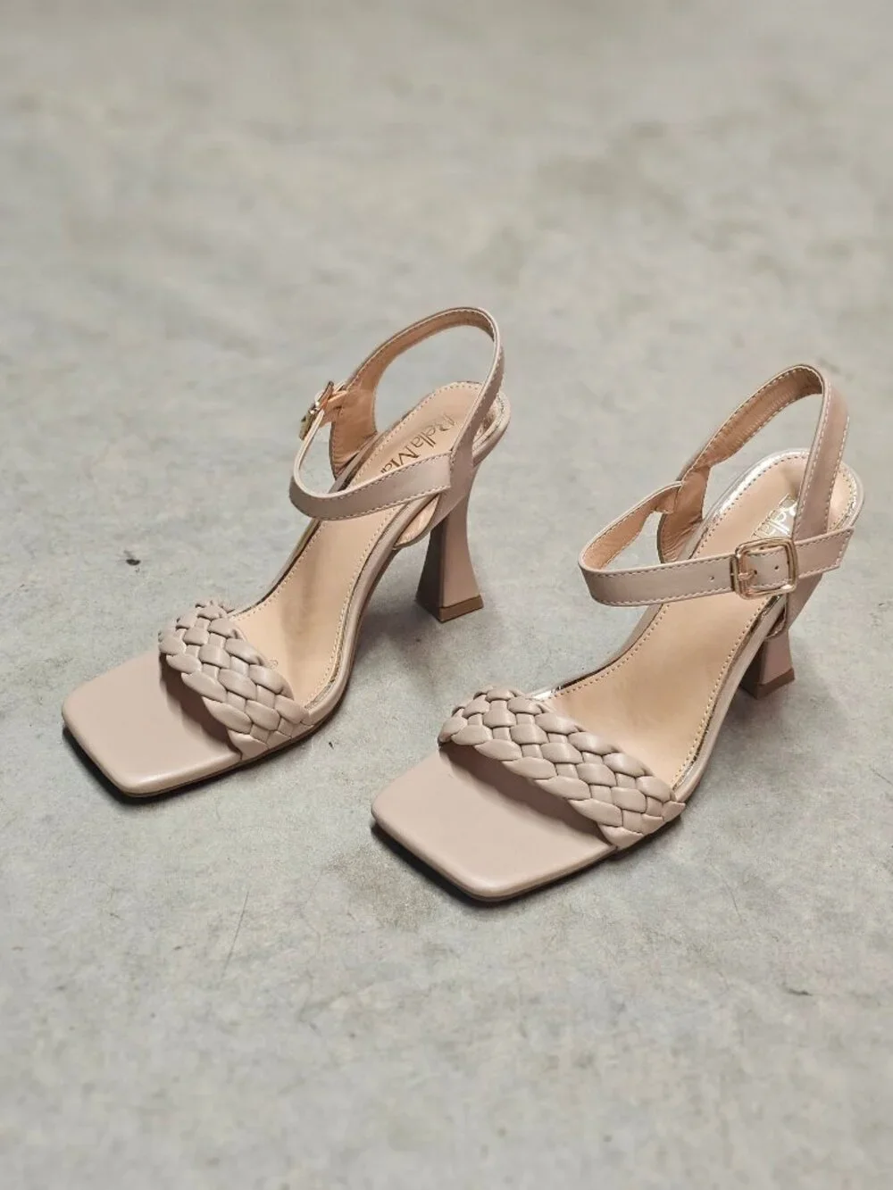 Braided Nude Heeled Sandals With Square Toe Design & Adjustable Ankle Strap - Picture 7 of 14